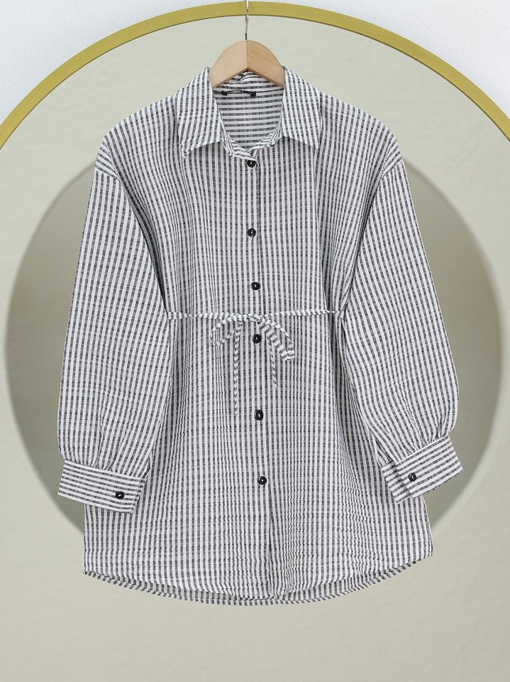 Boydan Düğmeli Bağcıklı Çizgili Bürümcük Gömlek -Gri