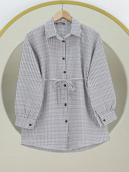 Boydan Düğmeli Bağcıklı Çizgili Bürümcük Gömlek -Gri