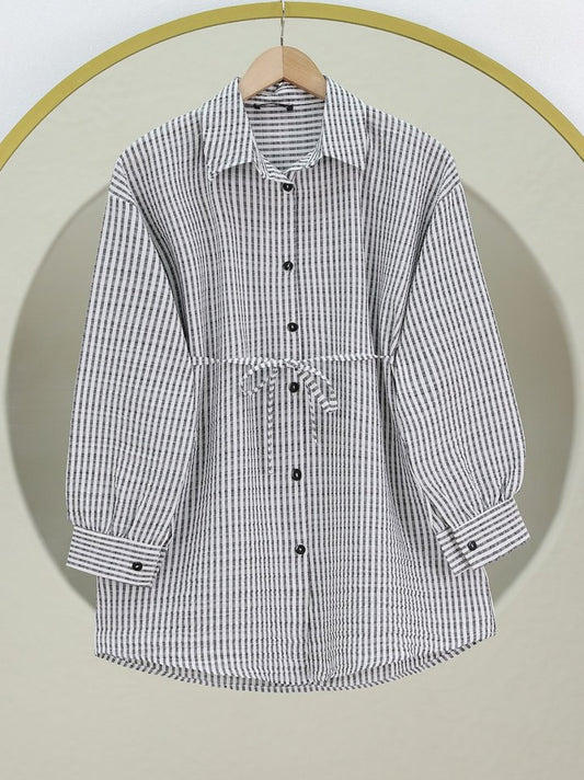 Boydan Düğmeli Bağcıklı Çizgili Bürümcük Gömlek -Gri