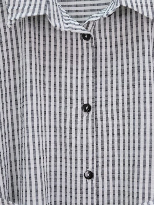 Boydan Düğmeli Bağcıklı Çizgili Bürümcük Gömlek -Gri