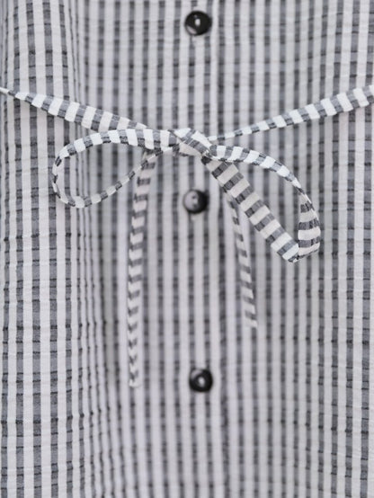 Boydan Düğmeli Bağcıklı Çizgili Bürümcük Gömlek -Gri