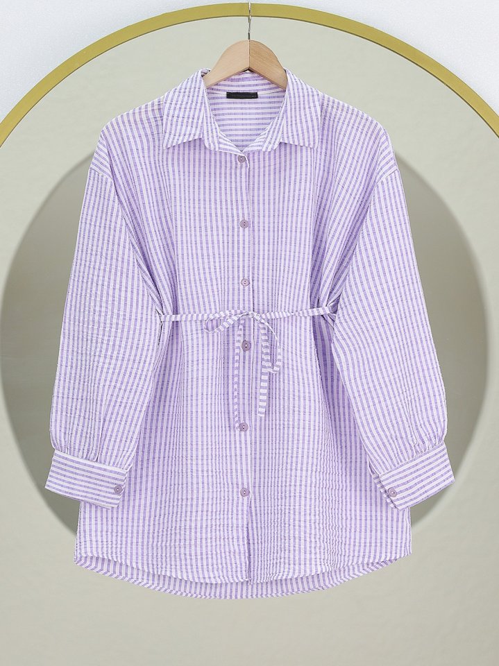 Boydan Düğmeli Bağcıklı Çizgili Bürümcük Gömlek -Lila