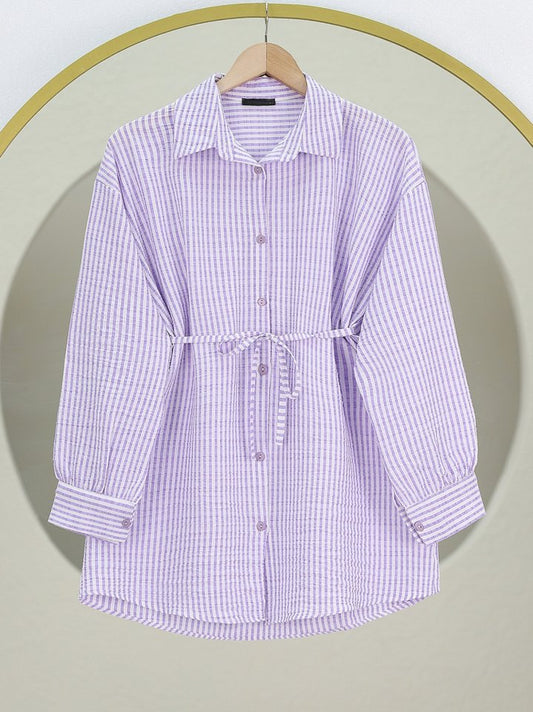Boydan Düğmeli Bağcıklı Çizgili Bürümcük Gömlek -Lila