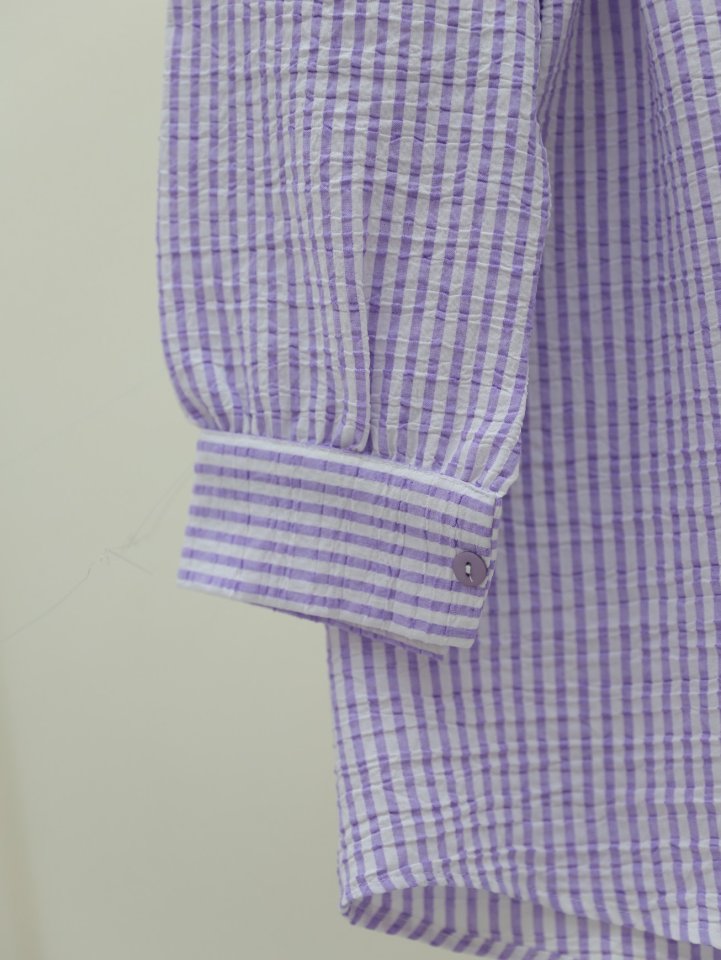 Boydan Düğmeli Bağcıklı Çizgili Bürümcük Gömlek -Lila