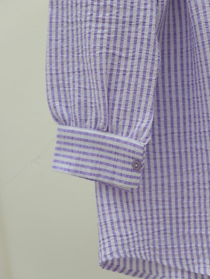 Boydan Düğmeli Bağcıklı Çizgili Bürümcük Gömlek -Lila