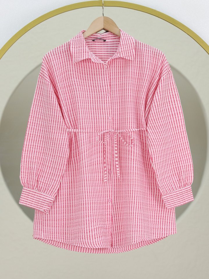 Boydan Düğmeli Bağcıklı Çizgili Bürümcük Gömlek -Pembe