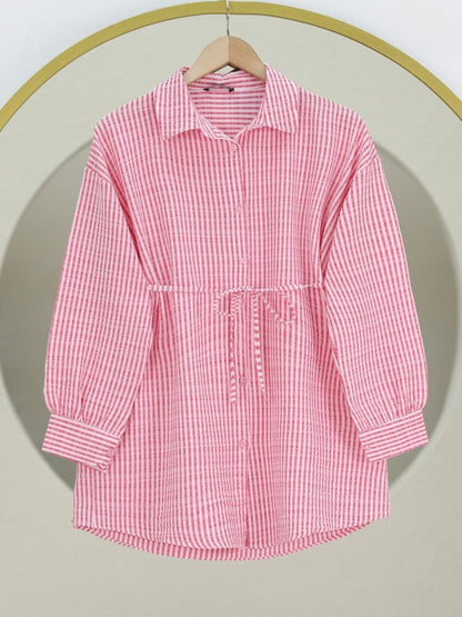 Boydan Düğmeli Bağcıklı Çizgili Bürümcük Gömlek -Pembe