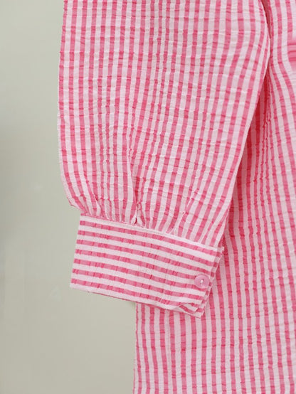 Boydan Düğmeli Bağcıklı Çizgili Bürümcük Gömlek -Pembe