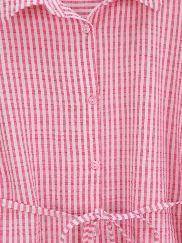 Boydan Düğmeli Bağcıklı Çizgili Bürümcük Gömlek -Pembe