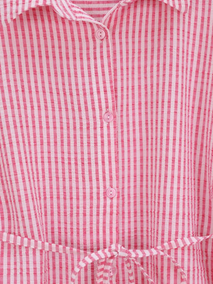 Boydan Düğmeli Bağcıklı Çizgili Bürümcük Gömlek -Pembe