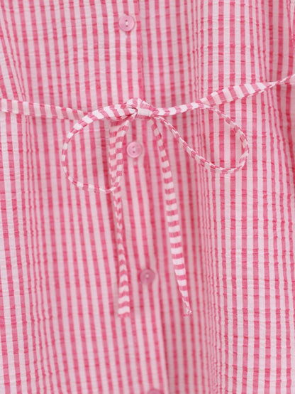 Boydan Düğmeli Bağcıklı Çizgili Bürümcük Gömlek -Pembe