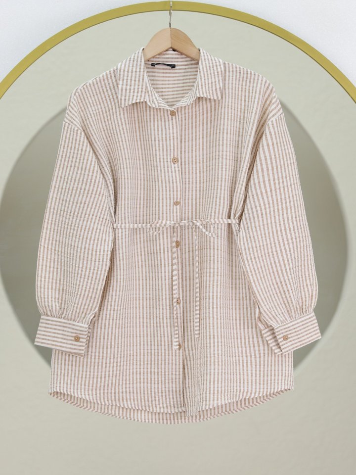 Boydan Düğmeli Bağcıklı Çizgili Bürümcük Gömlek -Vizon