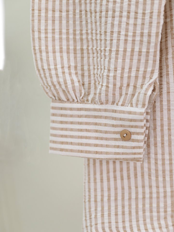 Boydan Düğmeli Bağcıklı Çizgili Bürümcük Gömlek -Vizon