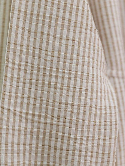 Boydan Düğmeli Bağcıklı Çizgili Bürümcük Gömlek -Vizon