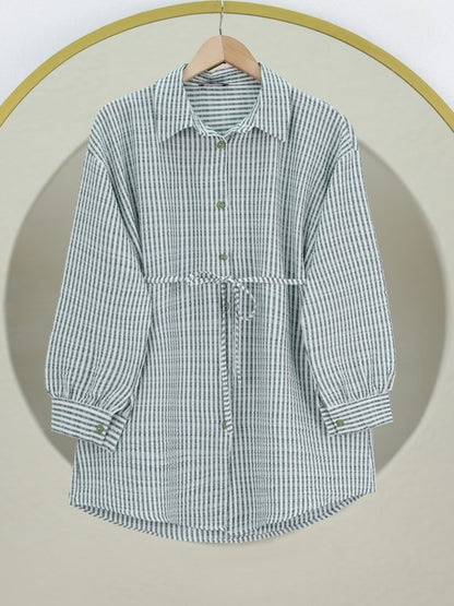 Boydan Düğmeli Bağcıklı Çizgili Bürümcük Gömlek -Yeşil