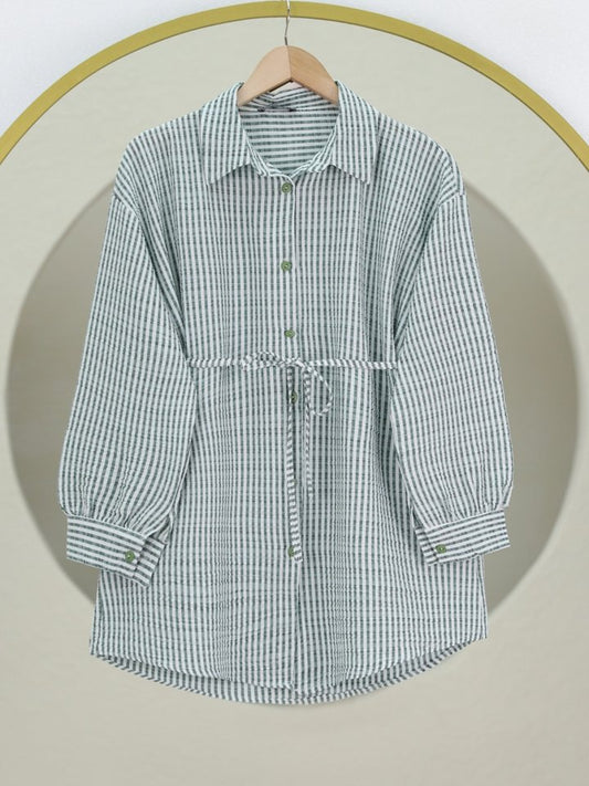 Boydan Düğmeli Bağcıklı Çizgili Bürümcük Gömlek -Yeşil