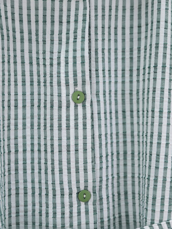 Boydan Düğmeli Bağcıklı Çizgili Bürümcük Gömlek -Yeşil