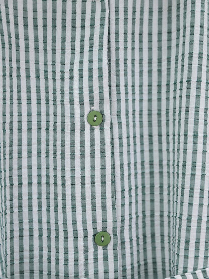Boydan Düğmeli Bağcıklı Çizgili Bürümcük Gömlek -Yeşil