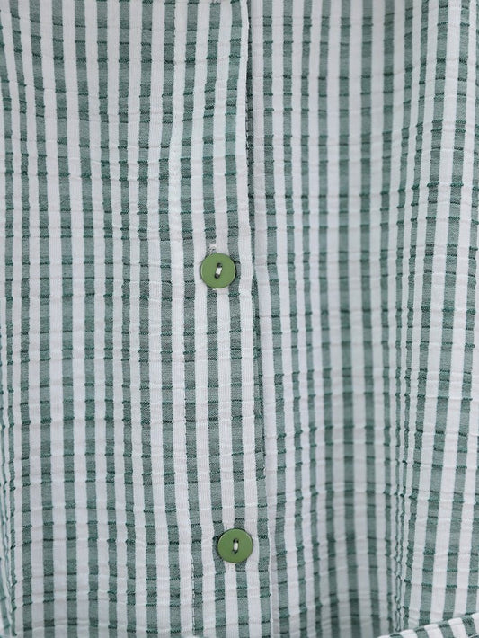 Boydan Düğmeli Bağcıklı Çizgili Bürümcük Gömlek -Yeşil