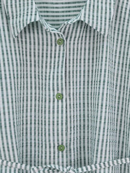 Boydan Düğmeli Bağcıklı Çizgili Bürümcük Gömlek -Yeşil