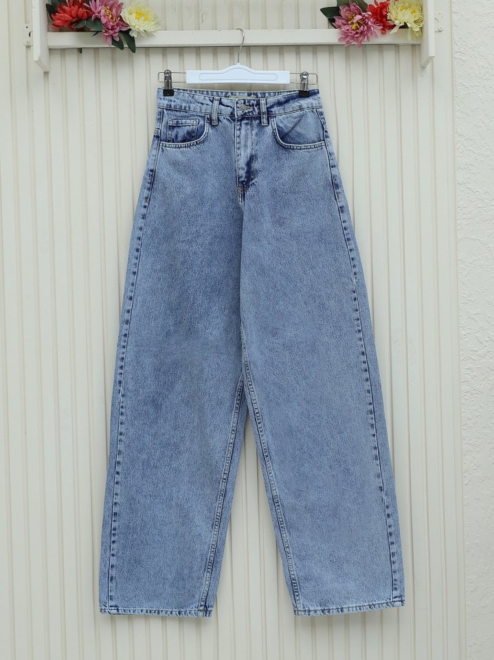 Cepli Bol Paça Fermuarlı Kot Pantolon -Buz Mavi