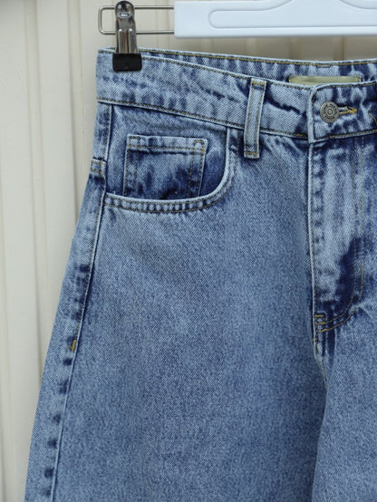 Cepli Bol Paça Fermuarlı Kot Pantolon -Buz Mavi