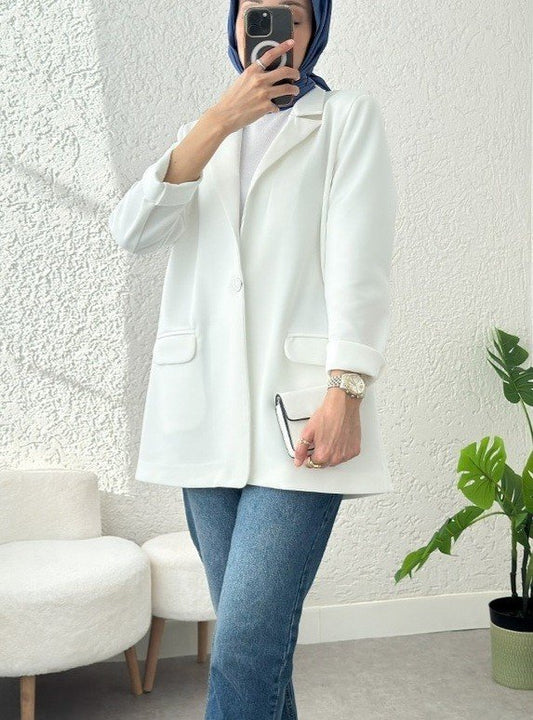Cepli Tek Düğmeli Likralı Ceket  -Beyaz