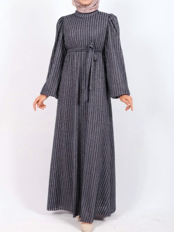 Kolu Lastikli Sim Çizgili Kemerli  Elbise -Gri