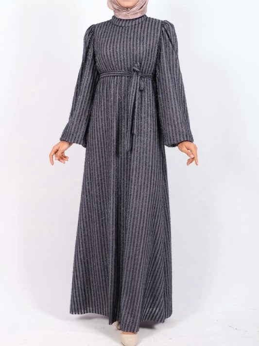 Kolu Lastikli Sim Çizgili Kemerli  Elbise -Gri
