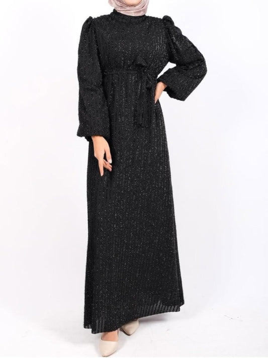 Kolu Lastikli Sim Çizgili Kemerli  Elbise -Siyah