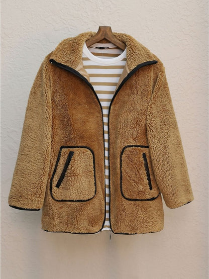 Çift Cepli Fermuarlı Astarlı Peluş Mont  -Tarçın