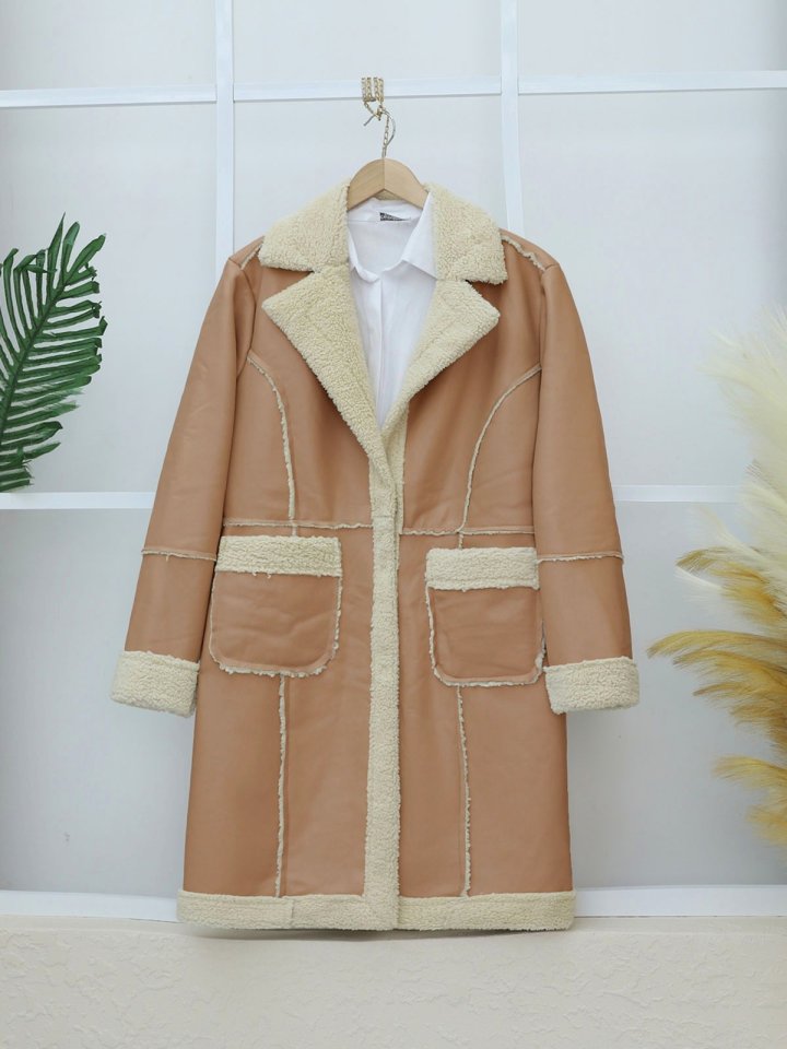 İçi Peluşlu Çıtçıtlı Cepli Deri Mont -Vizon