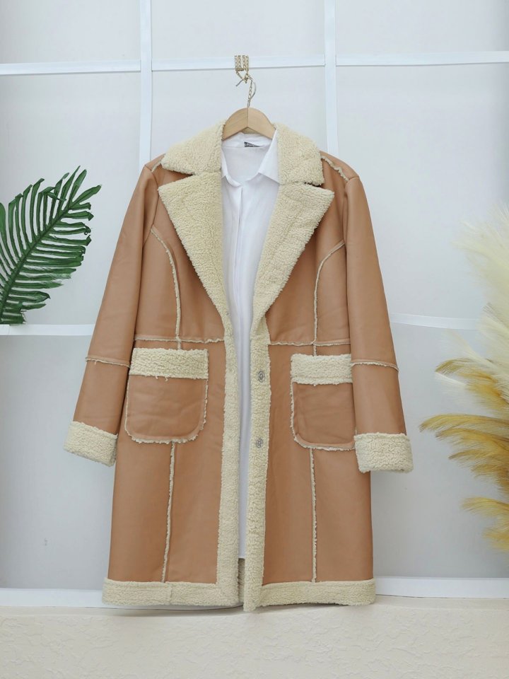 İçi Peluşlu Çıtçıtlı Cepli Deri Mont -Vizon