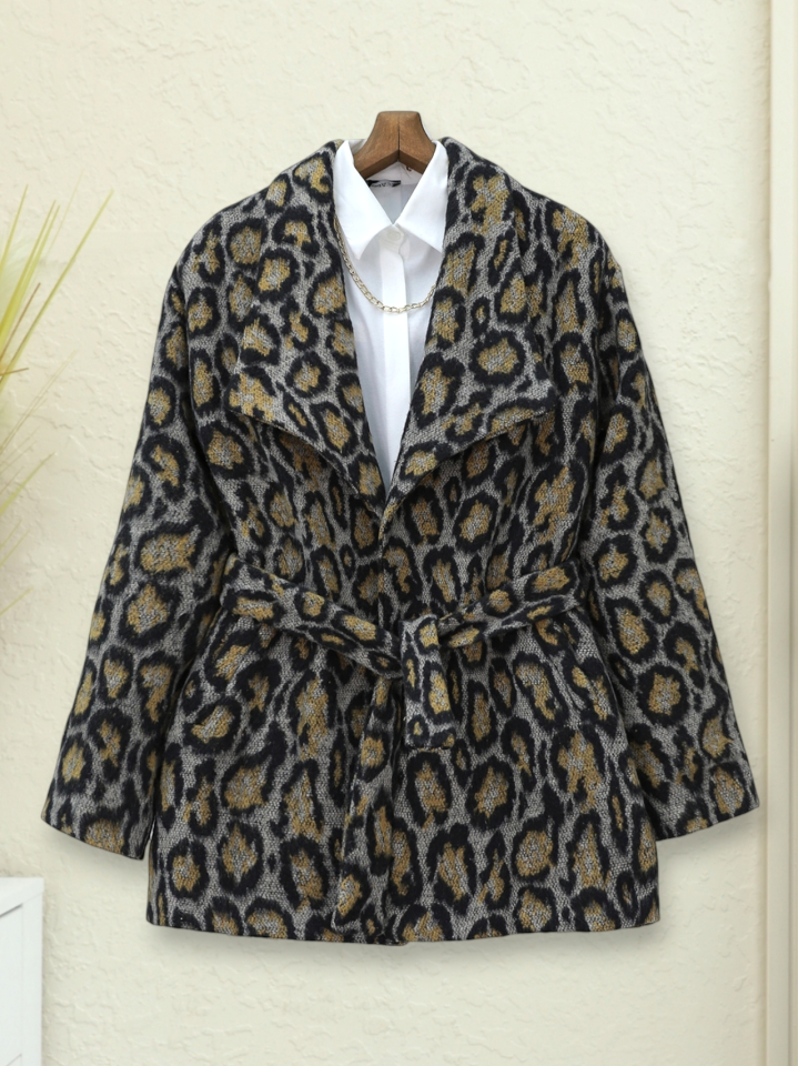 Leopar Desenli Astarlı Beli Bağlamalı Kaşe Ceket  -Gri