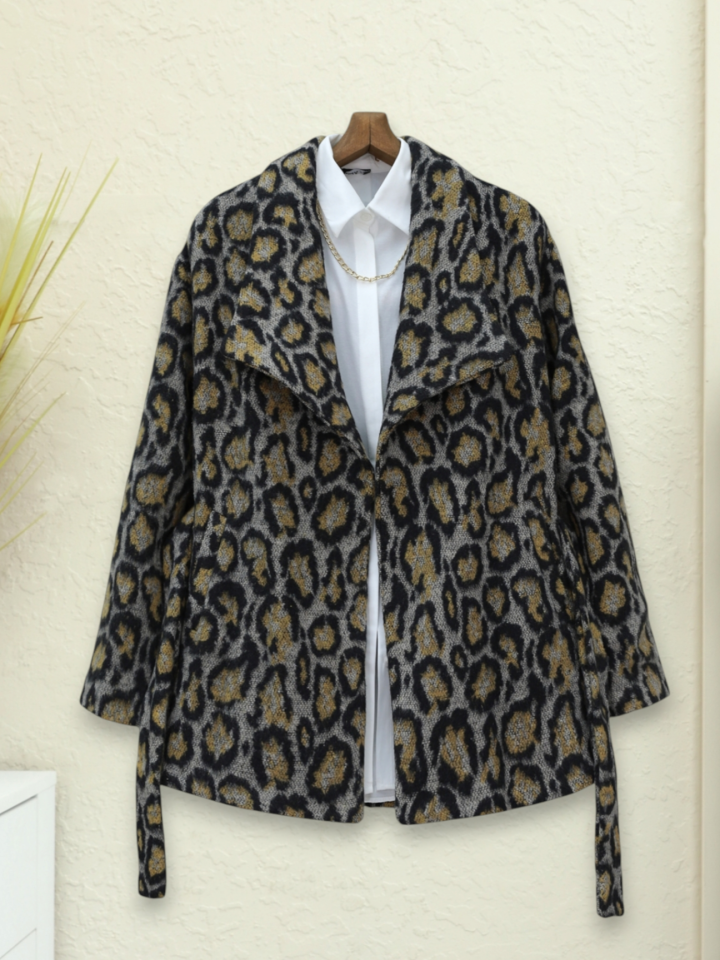 Leopar Desenli Astarlı Beli Bağlamalı Kaşe Ceket  -Gri