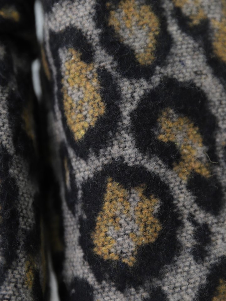 Leopar Desenli Astarlı Beli Bağlamalı Kaşe Ceket  -Gri