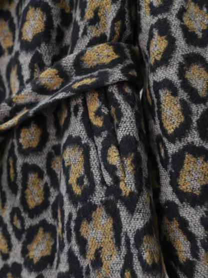 Leopar Desenli Astarlı Beli Bağlamalı Kaşe Ceket  -Gri