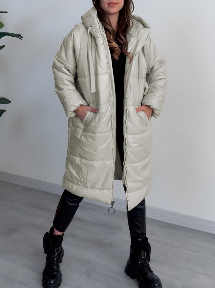 Kapşonlu Bağcık Detaylı Fermuarlı Şişme Mont -Taş