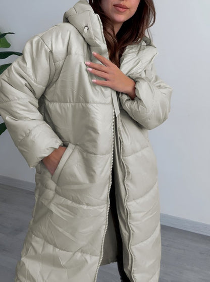 Kapşonlu Bağcık Detaylı Fermuarlı Şişme Mont -Taş