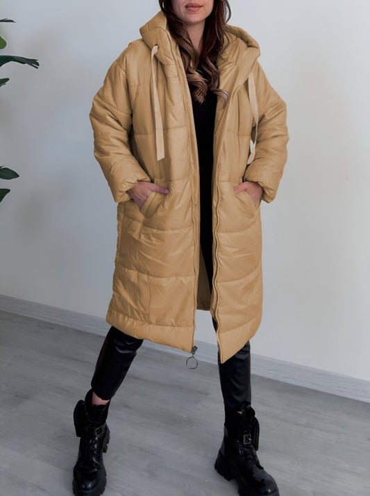 Kapşonlu Bağcık Detaylı Fermuarlı Şişme Mont -Vizon