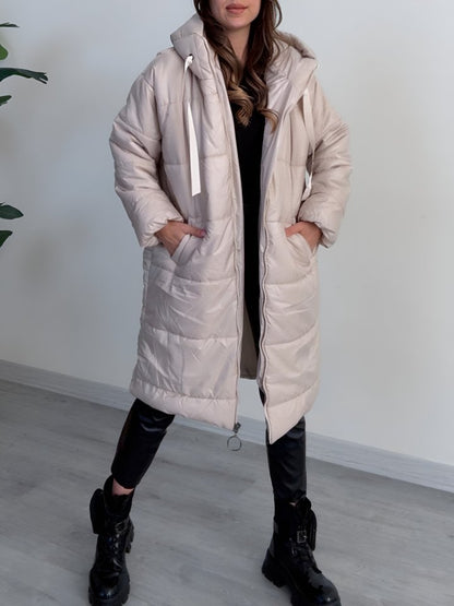 Kapşonlu Bağcık Detaylı Fermuarlı Şişme Mont -Ekru