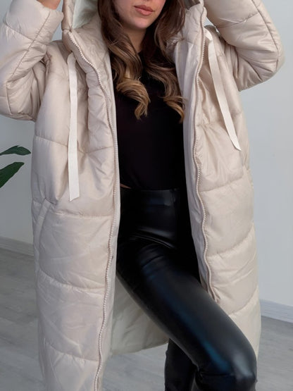 Kapşonlu Bağcık Detaylı Fermuarlı Şişme Mont -Ekru