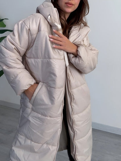 Kapşonlu Bağcık Detaylı Fermuarlı Şişme Mont -Ekru