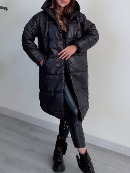 Kapşonlu Bağcık Detaylı Fermuarlı Şişme Mont -Siyah