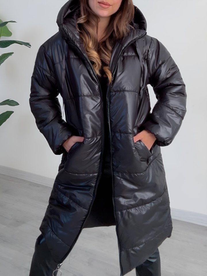 Kapşonlu Bağcık Detaylı Fermuarlı Şişme Mont -Siyah