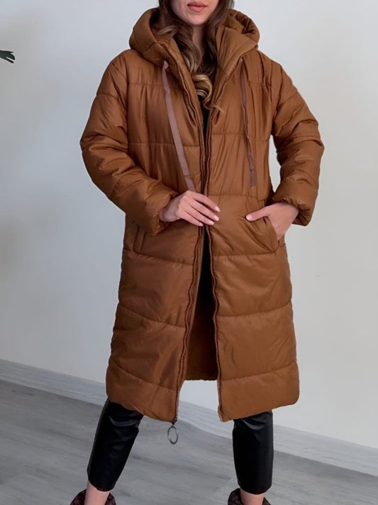 Kapşonlu Bağcık Detaylı Fermuarlı Şişme Mont -Taba