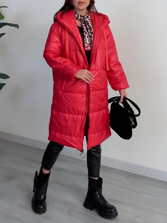 Kapşonlu Bağcık Detaylı Fermuarlı Şişme Mont -Kırmızı