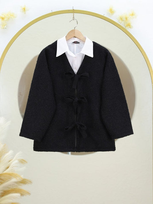 Önü Bağlamalı Kırçıllı Kaşe Ceket -Siyah