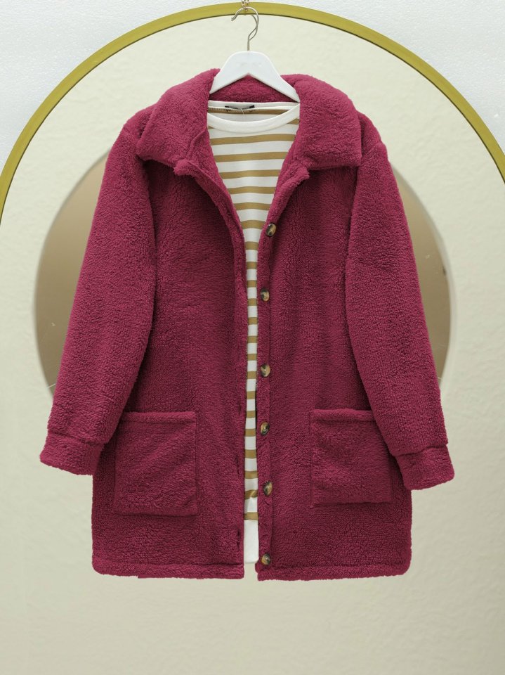 Boydan Düğmeli Cepli Pelüş Ceket   -Bordo
