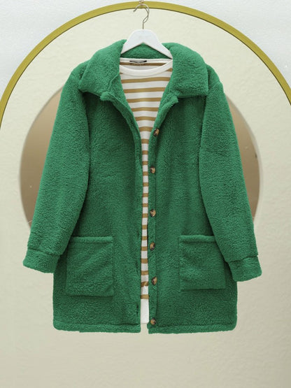 Boydan Düğmeli Cepli Pelüş Ceket   -Yeşil